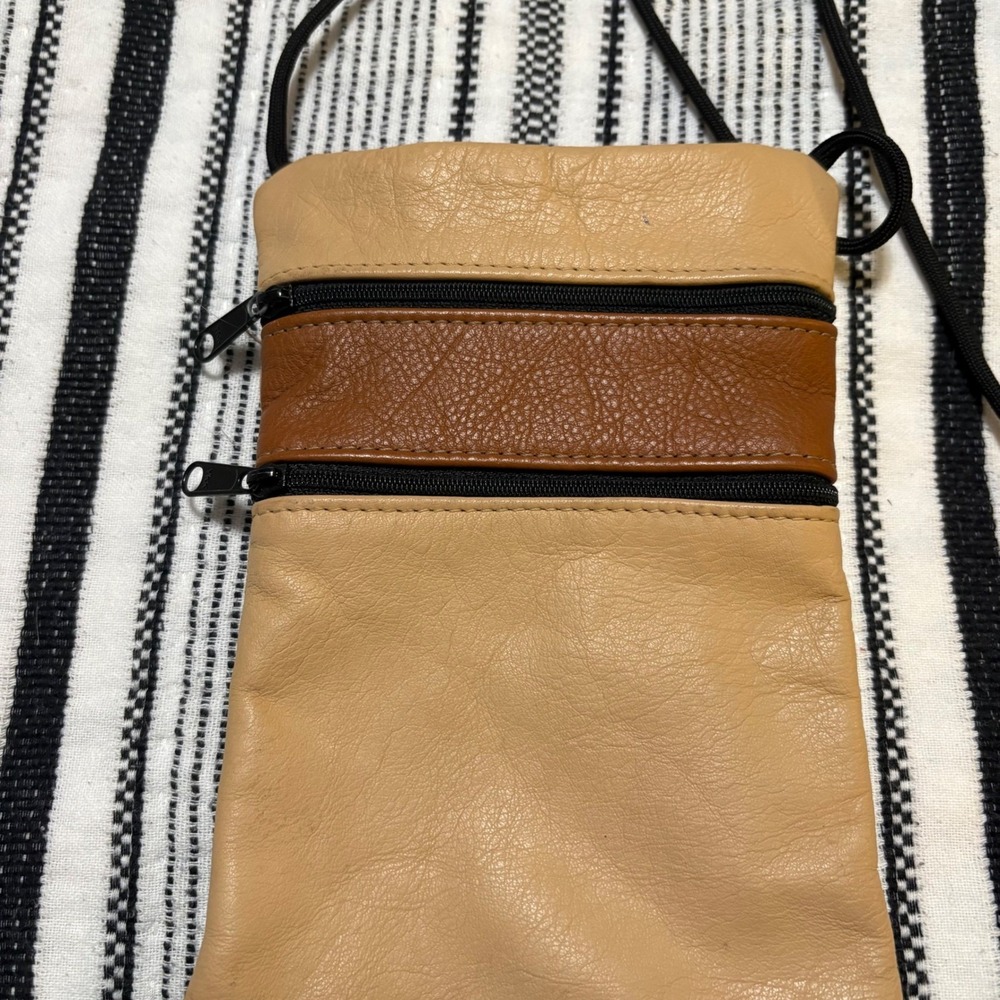 Leather Crossbody Phone Bag Small Tan Brown Zipper Shoulder Purse - Picture 3 of 9